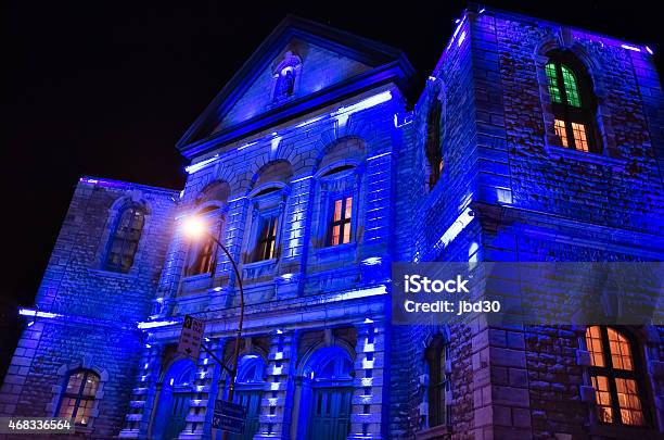 Blue Lights On Church Facade Stock Photo - Download Image Now - 2015, Ancient, Architecture