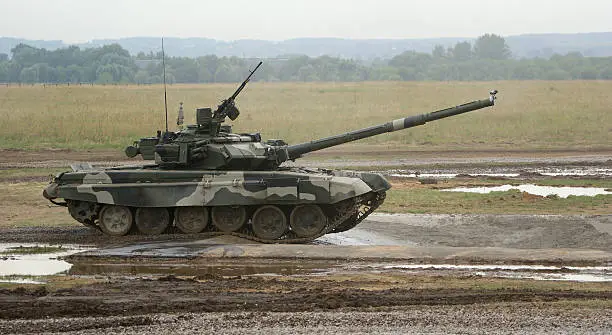 Aerodrom in Zhukovsky, Moscow Region, Russia, July 3, 2010: IV International Salon of weapons and military equipment. Modern engineering and the military machine of the Armed Forces of Russia. T-90 is a Russian main battle tank (MBT)