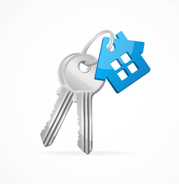 illustrazioni stock, clip art, cartoni animati e icone di tendenza di blu casa chiavi con portachiavi - chiave di casa