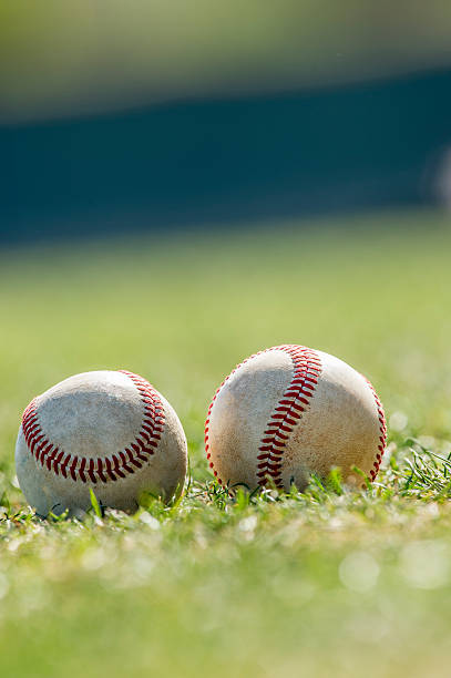 Two Baseballs Lie in the Outfield stock photo