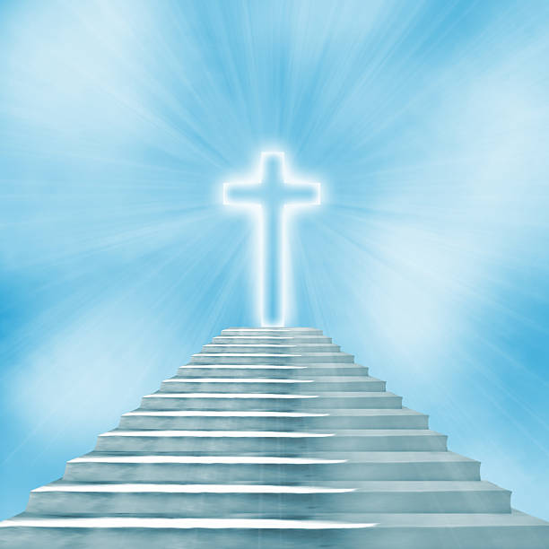 istock Glowing holy cross and staircase leading to heaven or hell 468341830