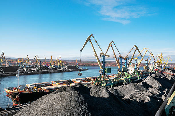 Coal terminal in port stock photo