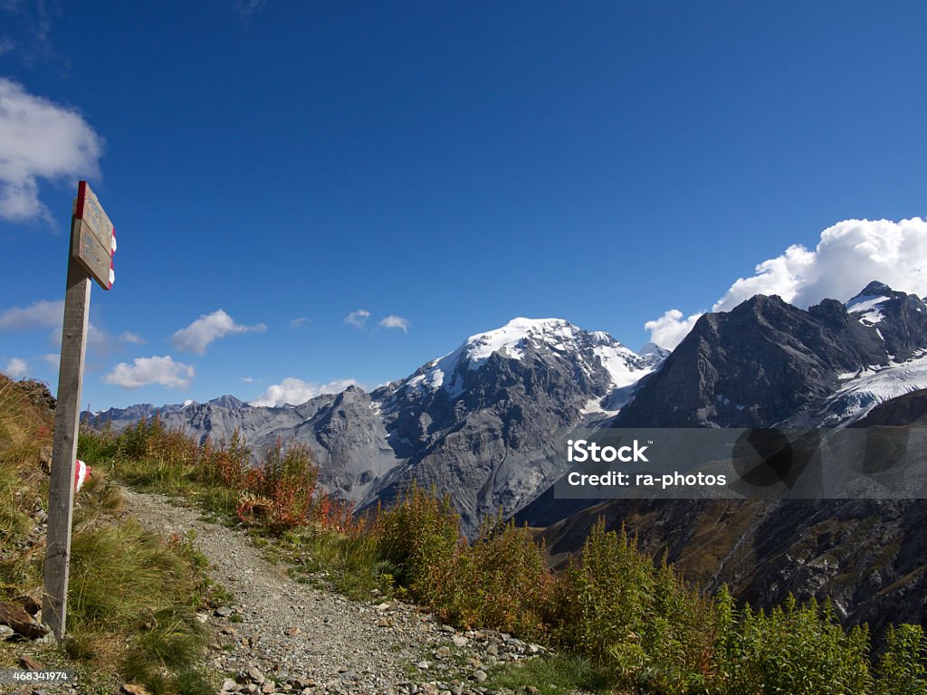 Ortler mountain Hiking path in the Italian Alps - view on Ortler, the highest mountain in the Eastern Alps outside the Bernina Range 2015 Stock Photo