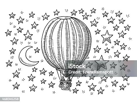 istock Hot Air Balloon Flying To The Moon And Stars Drawing 468345258