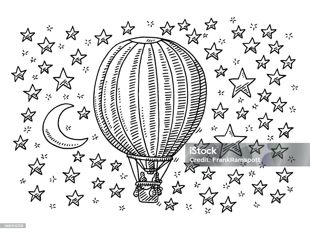 Hot Air Balloon Flying To The Moon And Stars Drawing Hand-drawn vector drawing of a Hot Air Balloon Flying To The Moon. The Sky is full of Stars. Black-and-White sketch on a transparent background (.eps-file). Included files are EPS (v10) and Hi-Res JPG. Drawing - Art Product stock vector