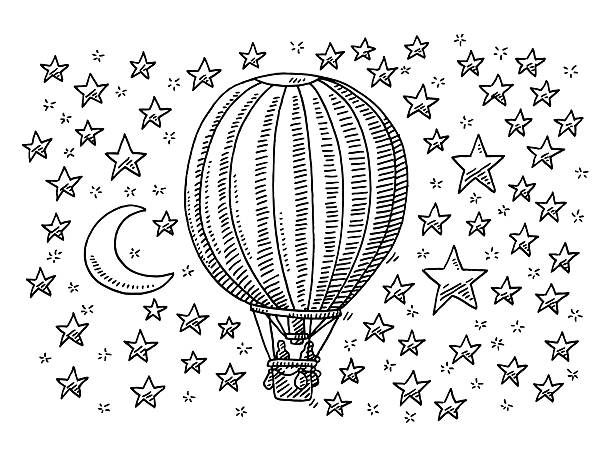 Hot Air Balloon Flying To The Moon And Stars Drawing Hand-drawn vector drawing of a Hot Air Balloon Flying To The Moon. The Sky is full of Stars. Black-and-White sketch on a transparent background (.eps-file). Included files are EPS (v10) and Hi-Res JPG. moon drawings stock illustrations