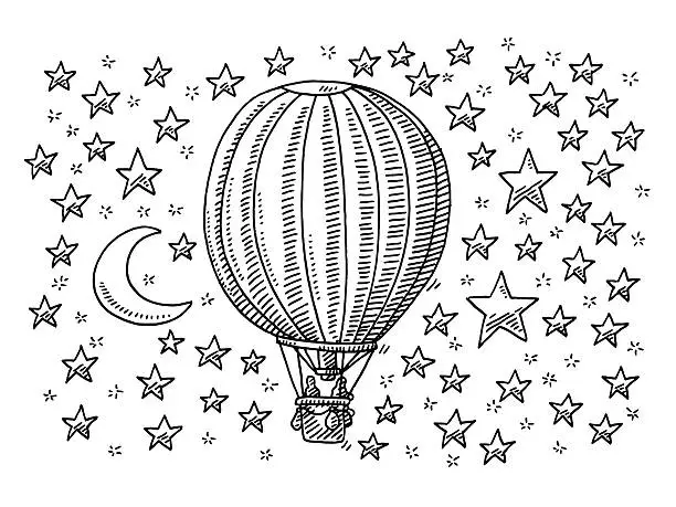 Vector illustration of Hot Air Balloon Flying To The Moon And Stars Drawing