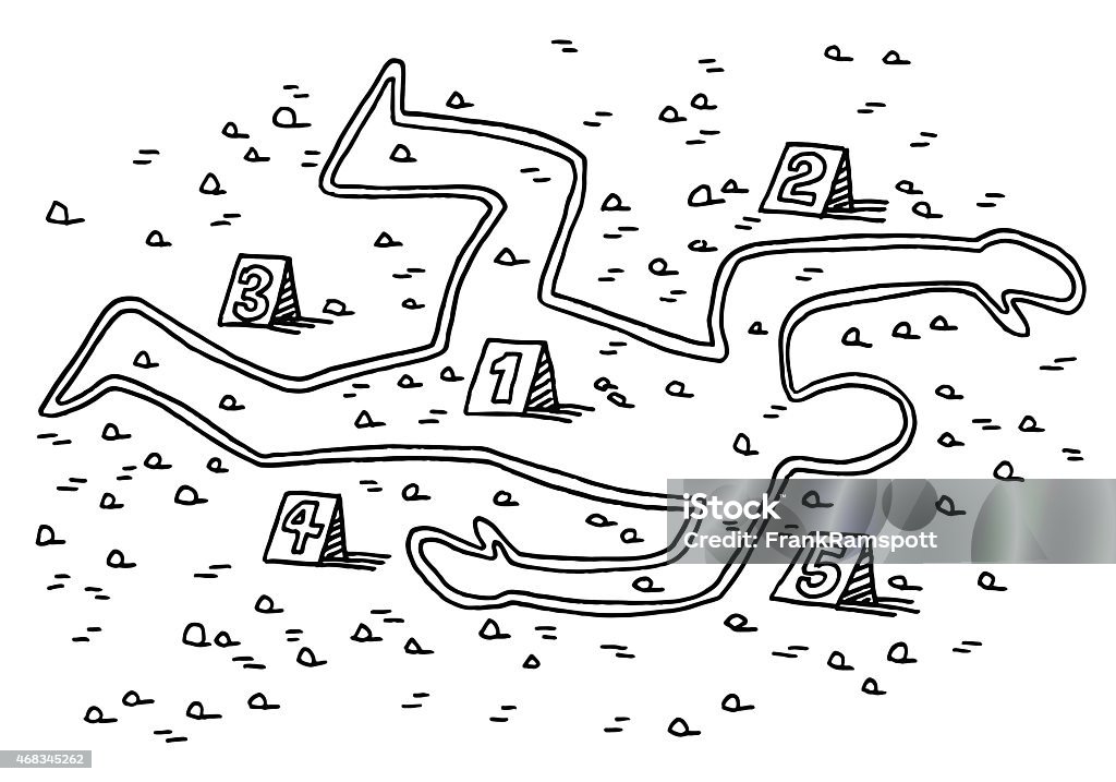 Murder Crime Scene Silhouette Of A Body Drawing Hand-drawn vector drawing of a Murder Crime Scene, a chalk outline Silhouette Of A Body on the floor and small numbered signs. Black-and-White sketch on a transparent background (.eps-file). Included files are EPS (v10) and Hi-Res JPG. Chalk Outline stock vector