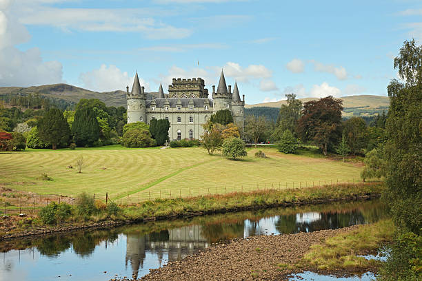 Inverary Castle - Scotland Inveraray, Scotland - September 9th, 2013. One of Scotland's most famous Castles, Inveraray is the ancestral home of the Dukes of Argyll, and is a 'must-see' item on the local tourist itinerary. It lies beside Loch Fyne and the picturesque planned village of Inveraray. loch fyne stock pictures, royalty-free photos & images