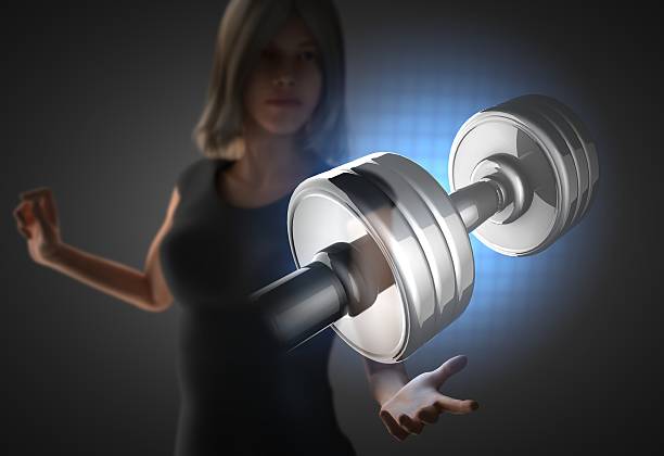 istock woman and hologram with dumbbell 468349874