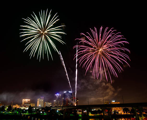 istock Double fireworks over city at night. 468351277