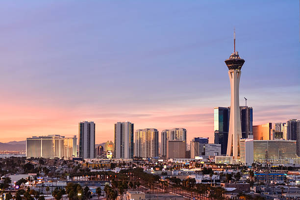 Las Vegas, USA - January 29, 2014: The Las Vegas Strip shines in the early morning light. Las Vegas lays claim to some of the worlds largest hotels and casino's.