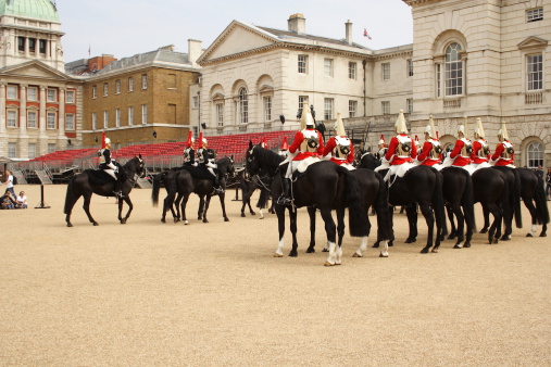 London, United Kingdom - May 24, 2008: Household Cavalry - change of guards - mounted soldiers from the new guard in front of spectators.