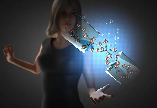 Photo of woman and hologram with micro capsule