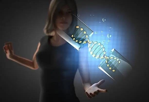 Photo of woman and hologram with micro capsule