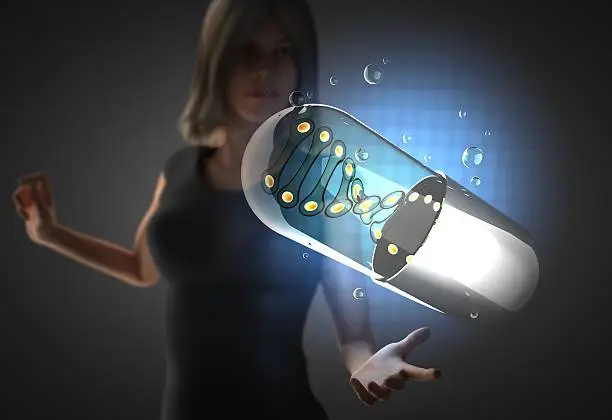 Photo of woman and hologram with micro capsule