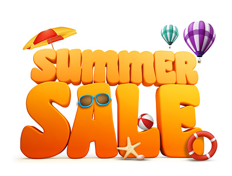 3D Dimensional Summer Sale Title Words in White Background with balloons flying, umbrella, Beach Ball, Sunglasses, Starfish and LifeBuoy Illustration