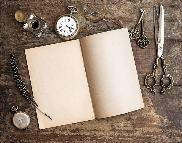 istock Open diary book and antique writing tools on wooden background 468354174