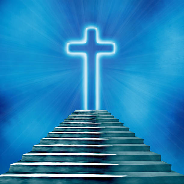 istock Glowing holy cross and staircase leading to heaven or hell 468357044