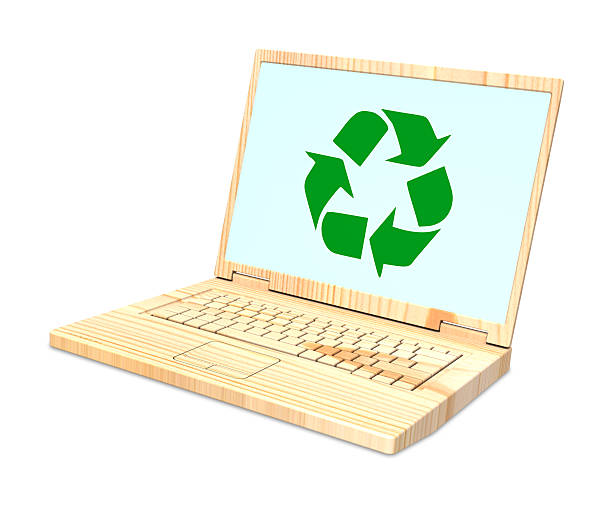 istock Wooden recyclable laptop isolated over white. 468358878