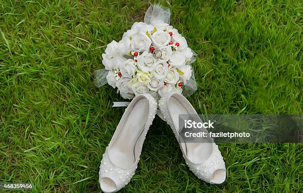 Bridal Bouquet And Shoes Stock Photo - Download Image Now - 2015, Beauty, Bouquet