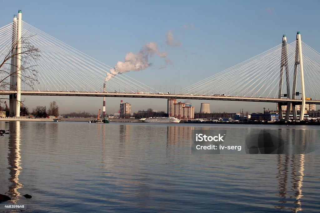 modern cable-stayed bridge modern cable-stayed bridge over the River Neva in St. Petersburg 2015 Stock Photo