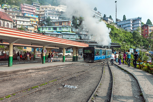  Darjeeling, India - May 18, 2012: Steam engine in the railway station, Darjeeling, West Bengal, North India Nikon D3x.