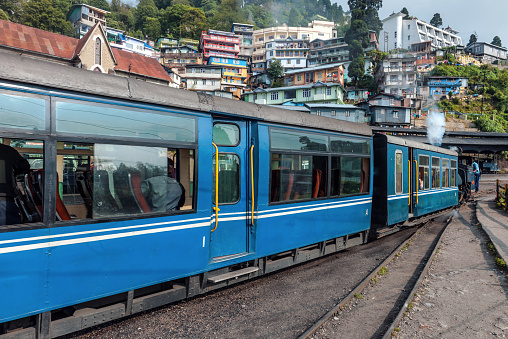 Darjeeling, West Bengal, India - May 18th, 2012: Steam engine of old Toy Train (N.F.795B)in the city of Darjeeling.Nikon D3x