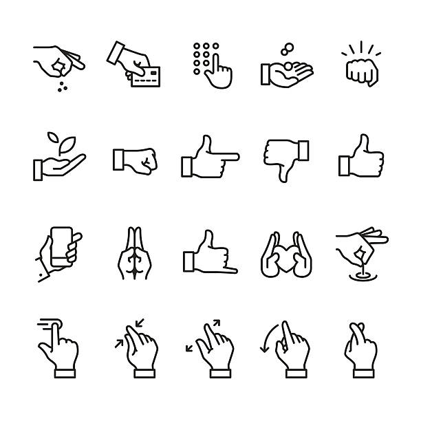 illustrazioni stock, clip art, cartoni animati e icone di tendenza di gesti delle mani relative icone lineare - fist punching human hand symbol