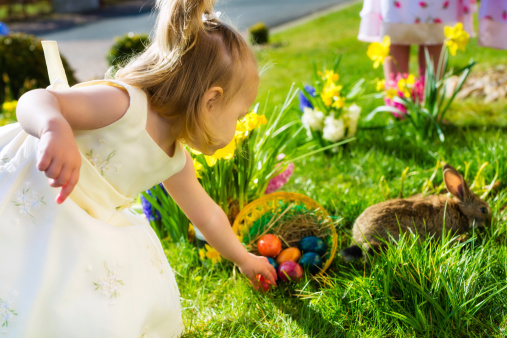 Children on an Easter Egg hunt on a meadow in spring, in the foreground a living Easter bunny is waiting and a girl finds Easter eggs