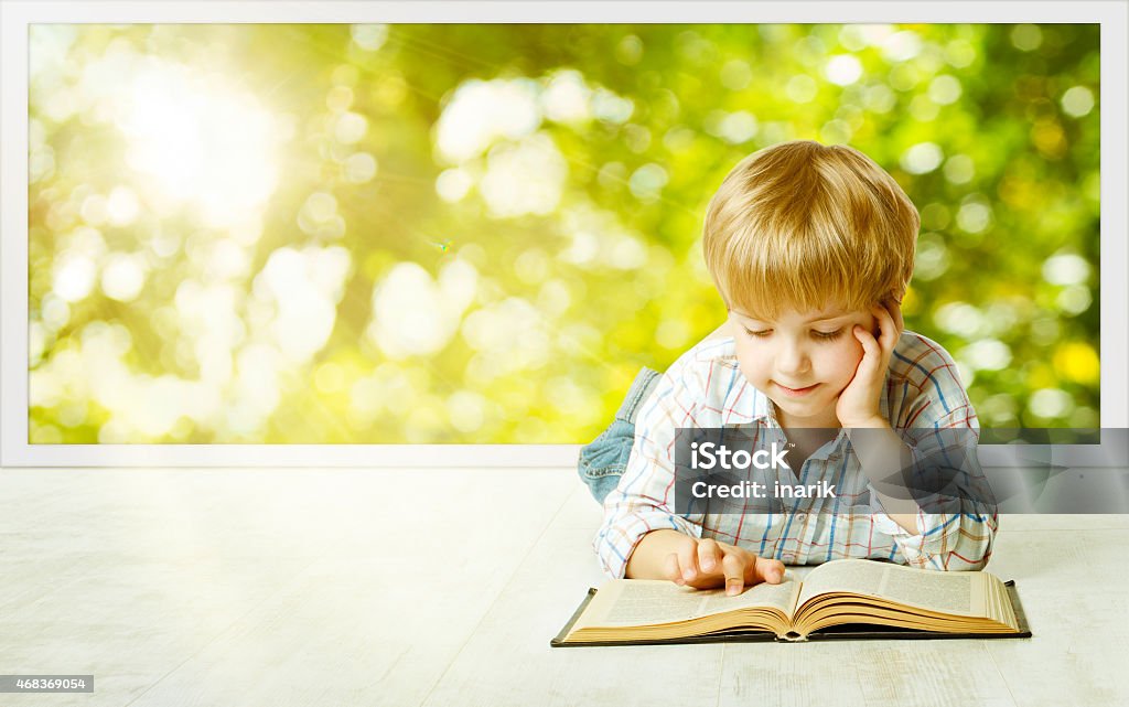 Young Child Boy Reading Book, Children Early Development, Kid Education Young Child Boy Reading Book, Children Early Development, Small Kid School Education, Study and Knowledge Concept Child Stock Photo