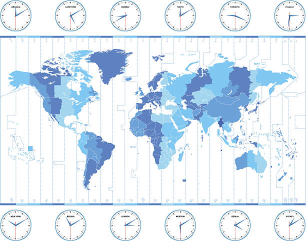 ilustraciones, imágenes clip art, dibujos animados e iconos de stock de vector mundo husos horarios - mapa de husos horarios