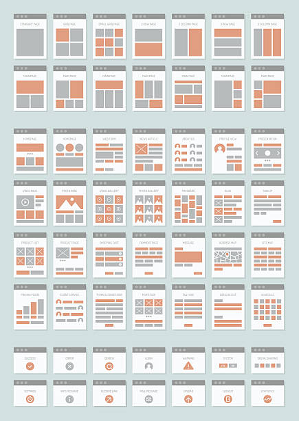 ilustrações, clipart, desenhos animados e ícones de site sitemaps plana, conjunto de ícones - modelo de arames de página web