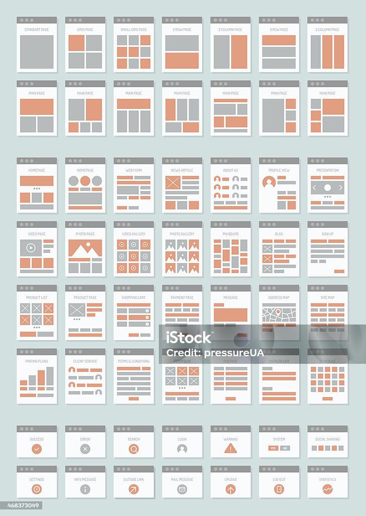 Website sitemaps flat icons set Flat design style modern vector icons set of various website sitemap collection for creating flowchart navigation of web site architecture and prototyping site maps structure and interactions. Isolated on light-gray background Website Wireframe stock vector