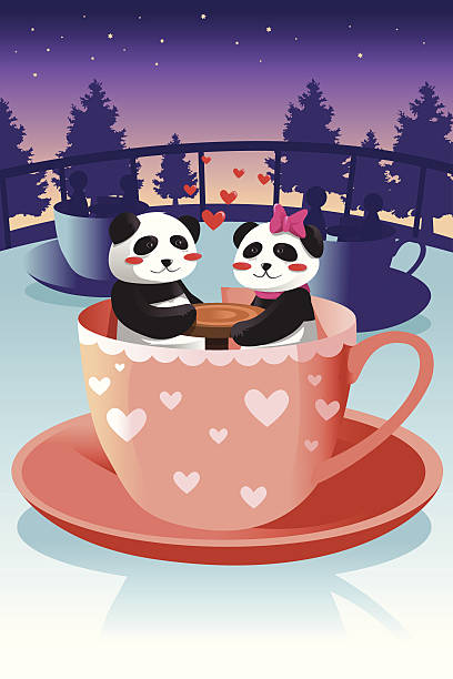 Cute panda in love A vector illustration of cute couple panda riding teacup game at the amusement park tea cup ride stock illustrations