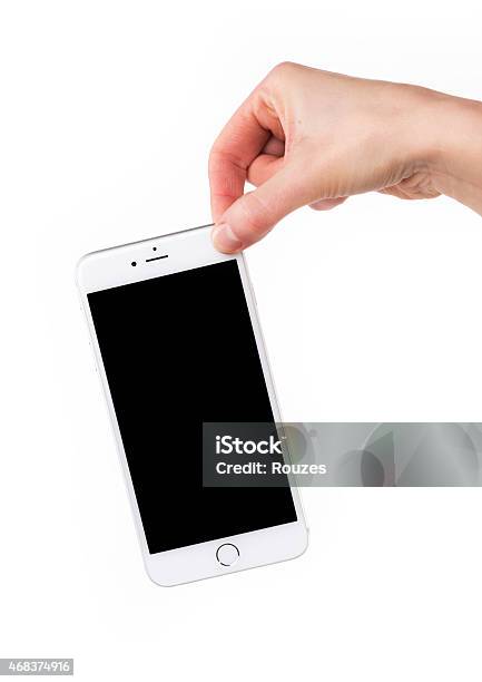 Holding Iphone 6 Plus With Black Screen Stock Photo - Download Image Now - White Background, 2015, Adult