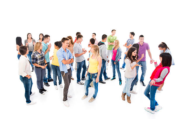 istock Large group of young people discussing. Isolated on white. 468375622