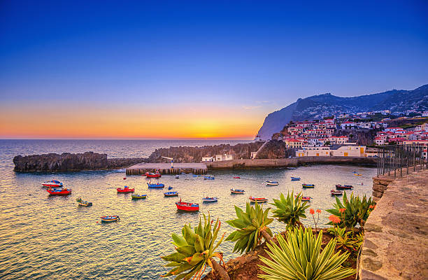 Sunset at Camara de Lobos on Madeira The beautiful fishing village of Camara de Lobos on the portugese Island of Madeira at sunset; in the back the landmark Cabo Girao, the world second highest steep cliff (580 m). fishing village photos stock pictures, royalty-free photos & images
