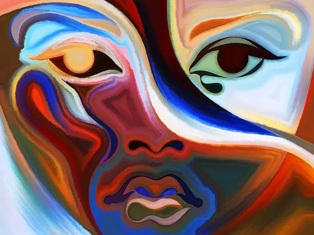 Colors of the Mood series. Abstract arrangement of elements of human face, and colorful abstract shapes suitable as background for projects on mind, reason, thought, emotion and spirituality