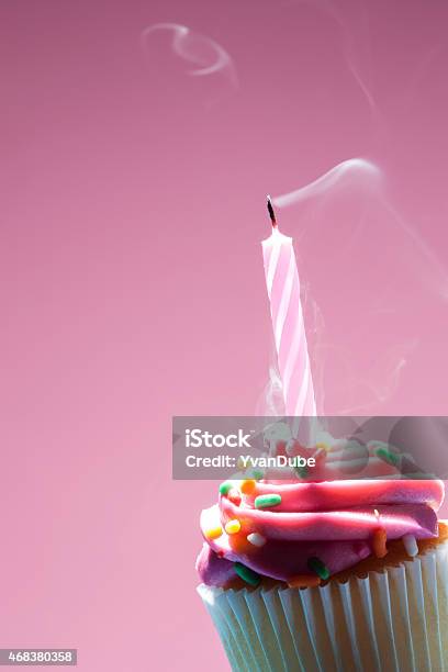 Birthday Cupcake On Pink Background Stock Photo - Download Image Now - 2015, Birthday, Birthday Cake