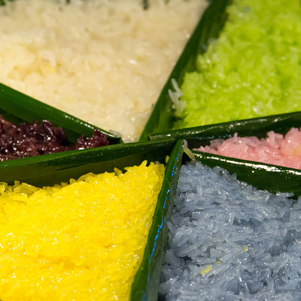 Colorful mango and sticky rice on a banana leaf