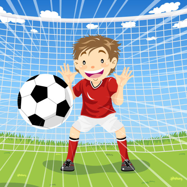 юноша голкипер яркий футбольный мяч - goalie soccer soccer player teenage boys stock illustrations