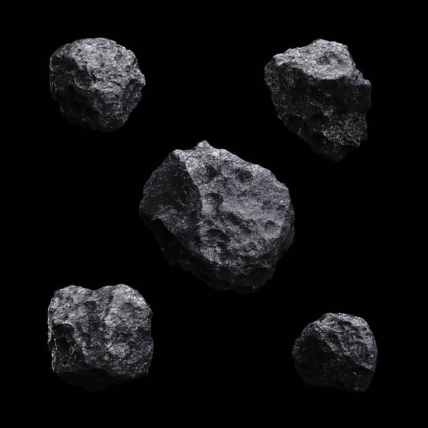 asteroide isolato set di rendering 3d su sfondo nero - cratere meteoritico foto e immagini stock