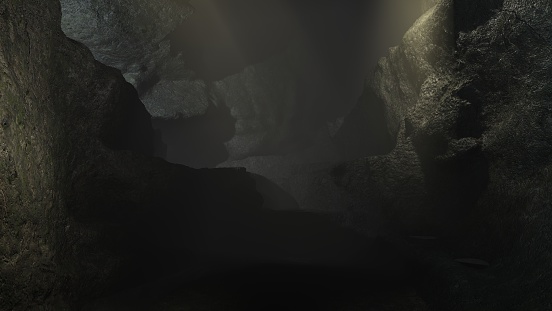 Dark cave 3d realistic render, texture background.