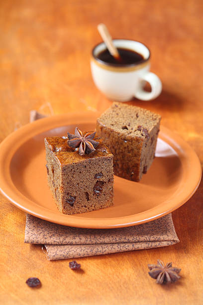 Two squares of Vegetarian Honey Coffee Cake with Raisins stock photo