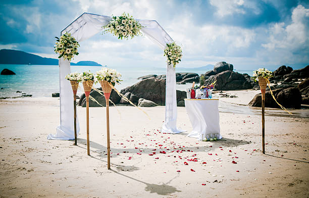 istock exotic ceremony wedding european style arch on  tropical beach 468394550