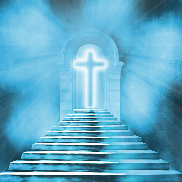 istock Glowing holy cross and staircase leading to heaven or hell 468400464