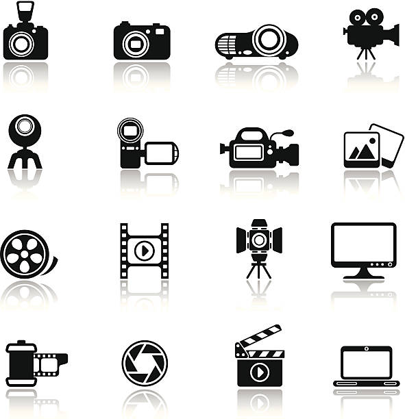 фото-видео значок набор - lens camera movie camera black stock illustrations