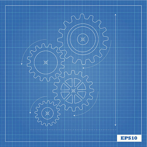 Blueprint of Cogs A blueprint themed design with cogs and gears bicycle gear stock illustrations