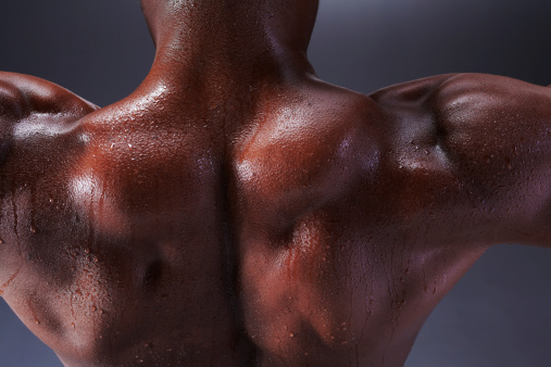 Back and shoulders showing perspiration. Healthy lifestyle shot. Macro Shot with focus on Back and shoulders. Shallow DOF.
